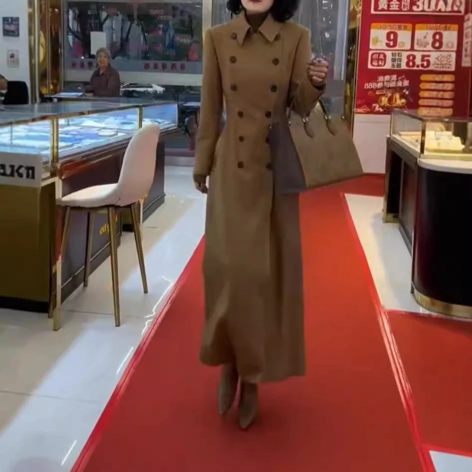 24765大爱2024秋季新款翻领长袖双排扣长款风衣外套显瘦女