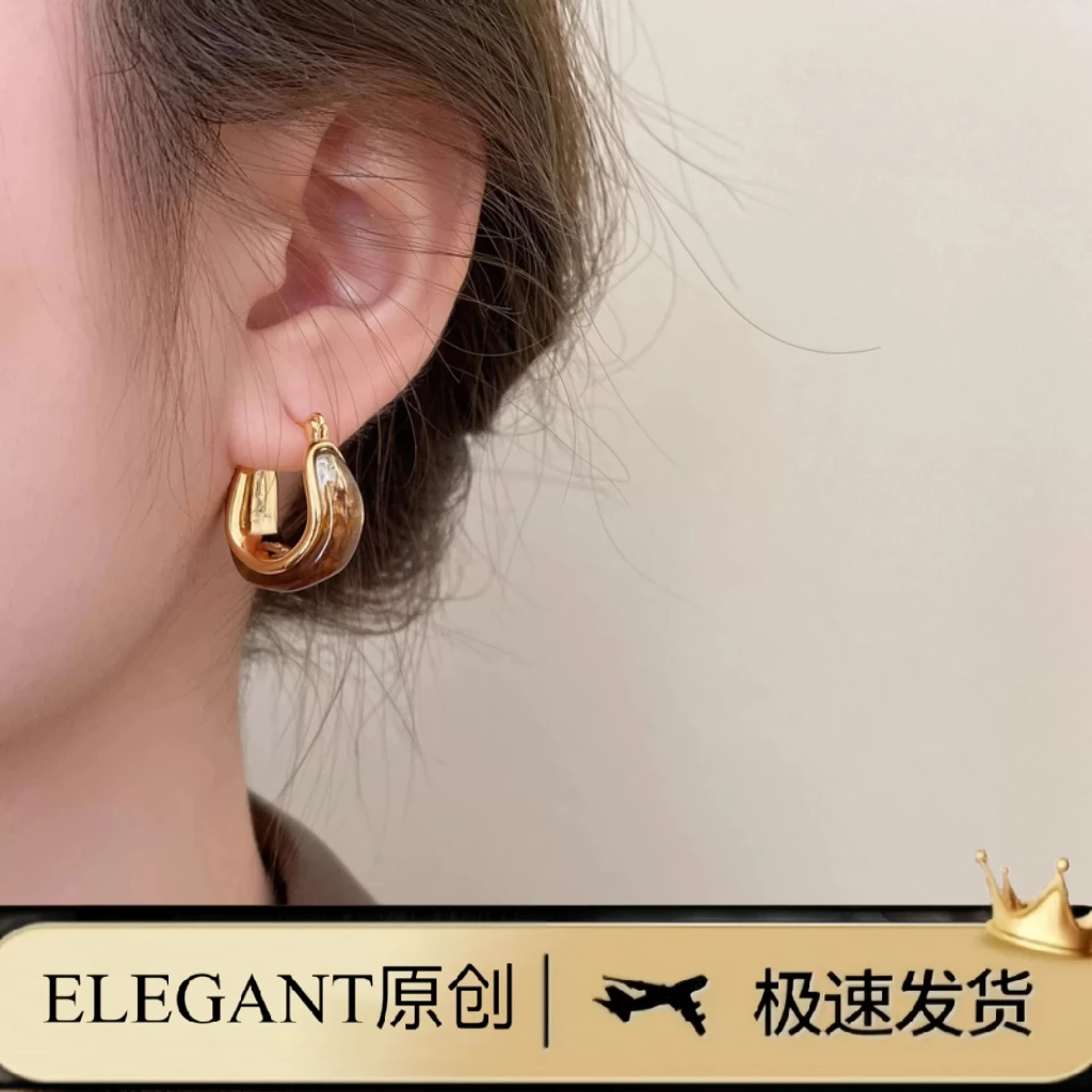 铜合金耳饰 1261「树于你」法式复古设计u型圈圈美拉德耳环耳扣耳饰