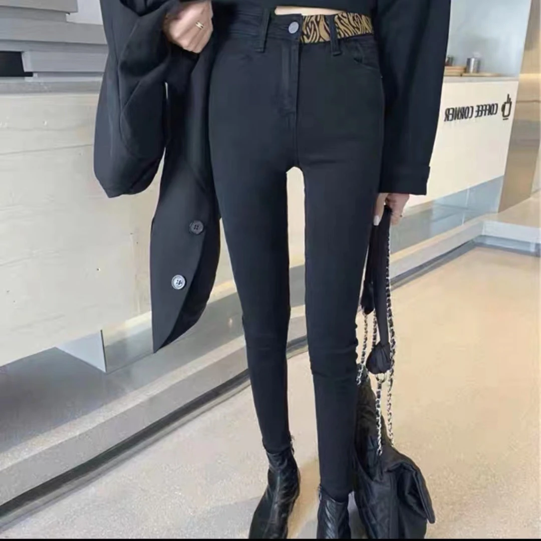 2024早秋高弹洗水工艺高腰排扣皮牌设计修身小脚显瘦百搭铅笔裤女