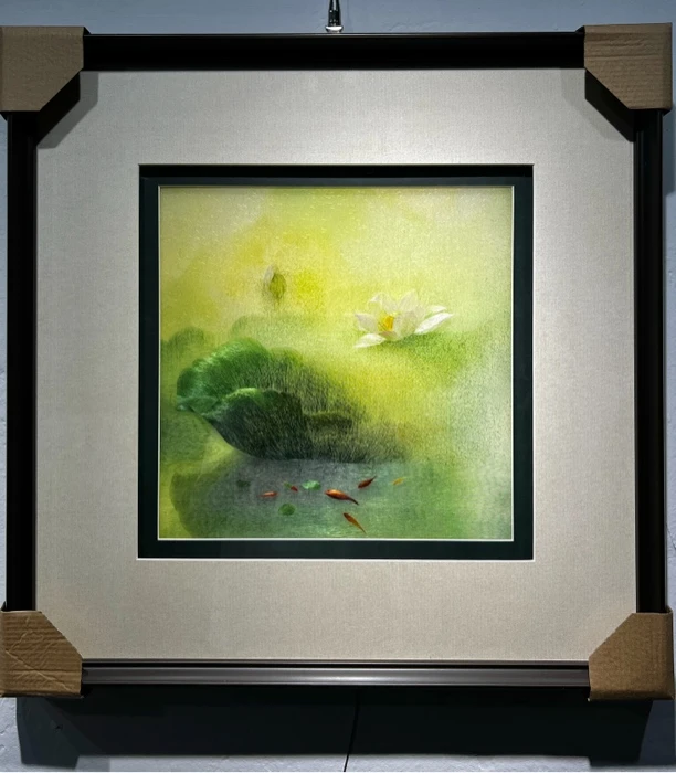 【荷花鱼】纯手工刺绣苏绣纯1丝精品挂画画芯30×30cm