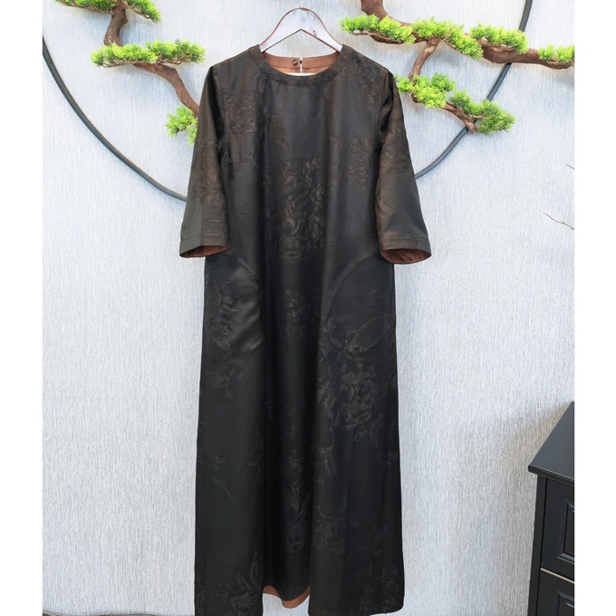 【千奈莉 】 龙贡缎皮料双面穿宽松连衣裙