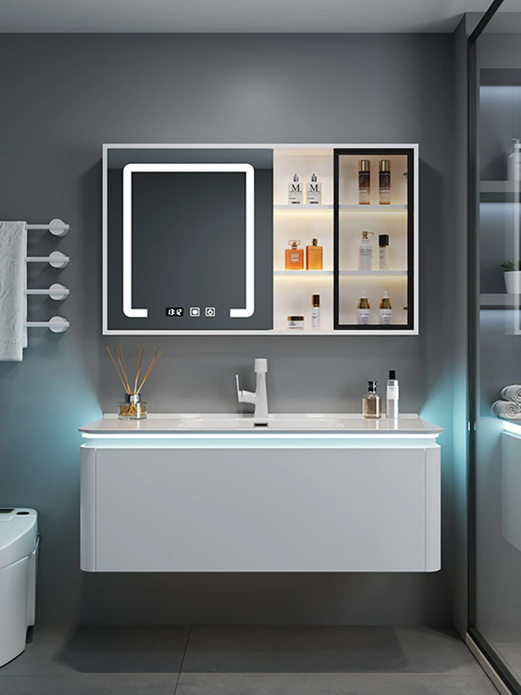 白色【圆柱浴室柜】圆角陶瓷一体盆多层实木柜卫生间洗漱台洗手盆