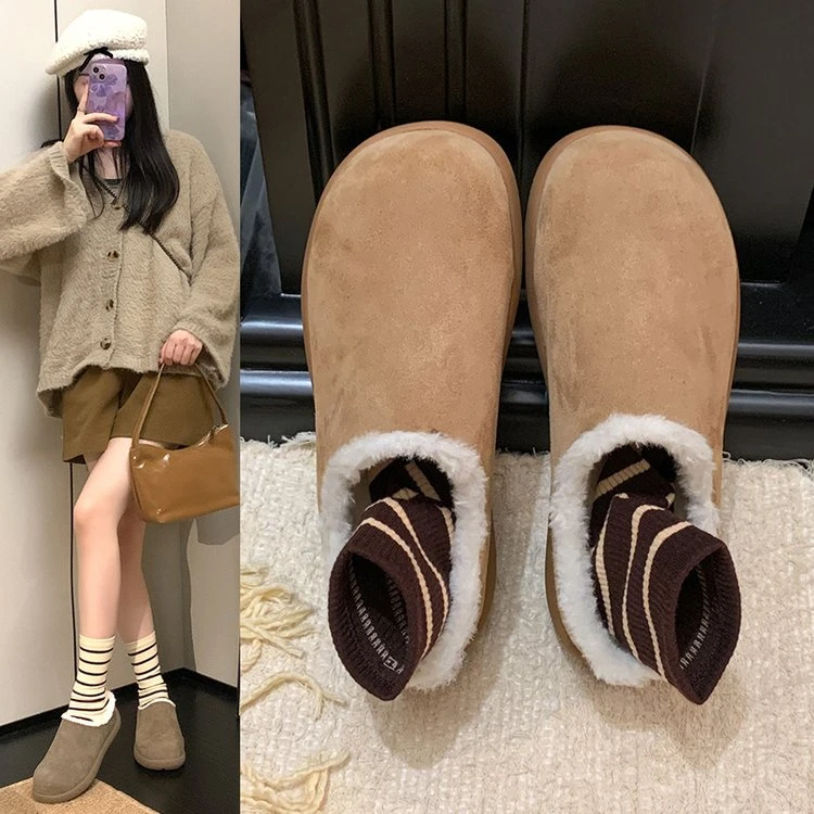 毛毛鞋保暖一脚蹬勃肯半拖雪地靴女秋冬加绒棉鞋