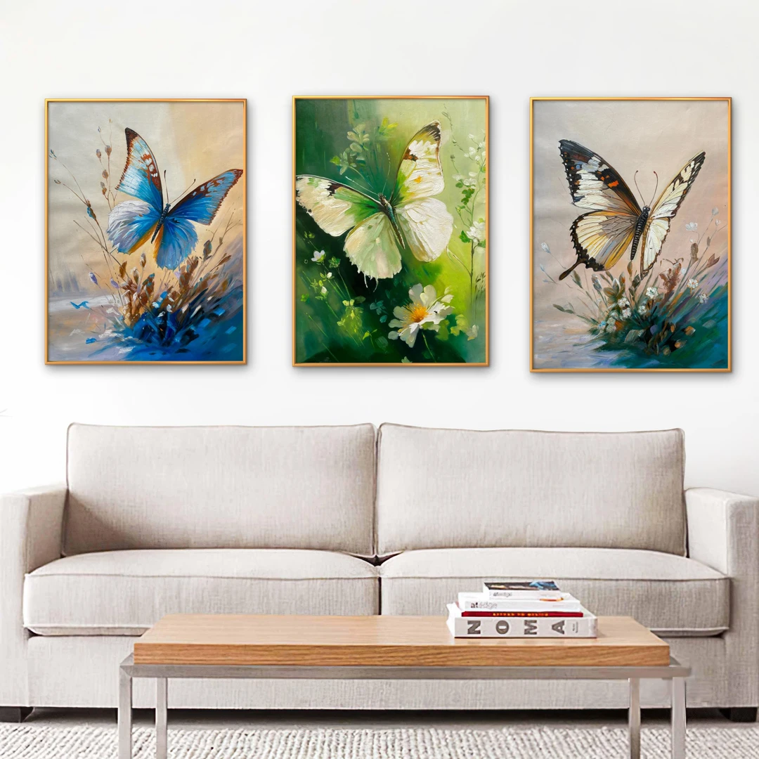 纯手绘油画蝴蝶沙发背景三联画套画客厅现代简约卧室走廊餐厅挂画