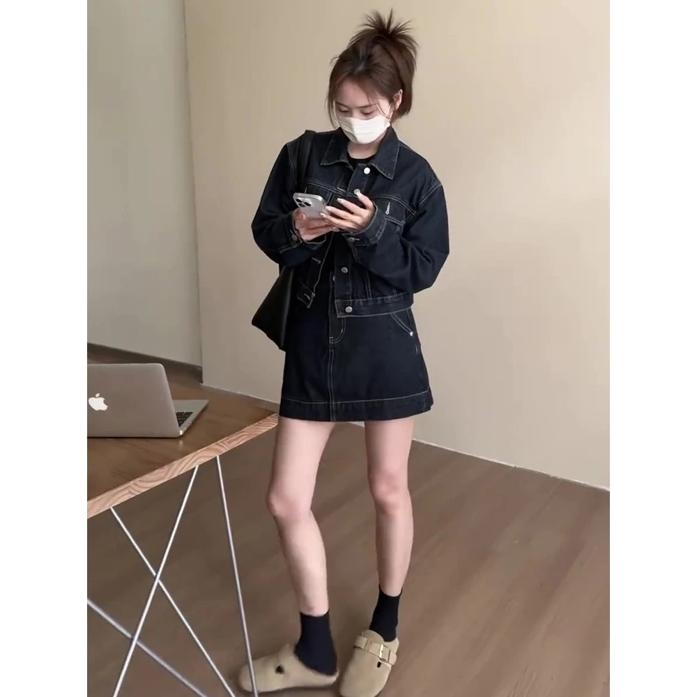 秋季新款韩系复古小个子宽松牛仔夹克外套高腰显瘦短裙时尚套装