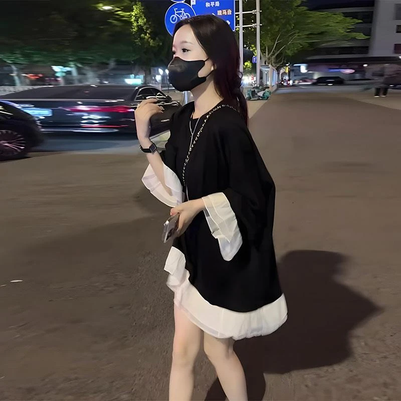 欧货拼接喇叭长袖衬衫女2024早秋季新款高级感时尚洋气宽松娃娃衫