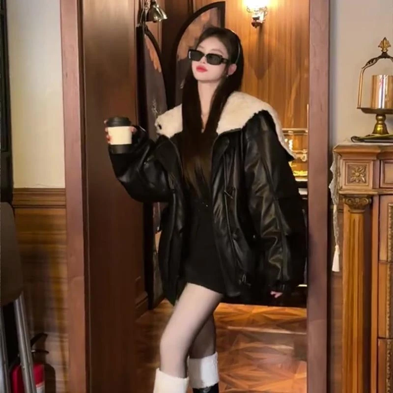 【下单发货模特原版】皮衣外套女2024冬季新款大翻领炸街机车服潮