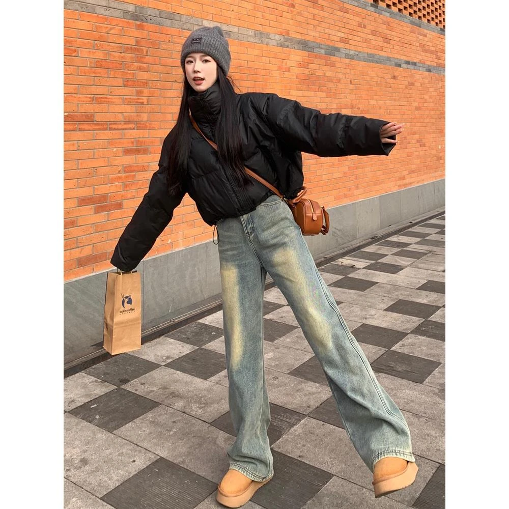 港风复古蛋白皮白鸭羽绒服女短款2024新款冬季加厚立领百搭面包服