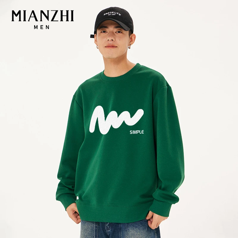 棉致2023新款墨绿色卫衣男士圆领秋季港风潮牌oversize青少年外套