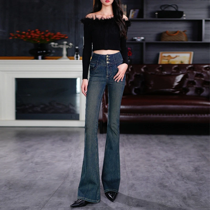 【摩登灰】高腰复古微喇牛仔裤2025早秋美式直筒拖地喇叭裤长裤女