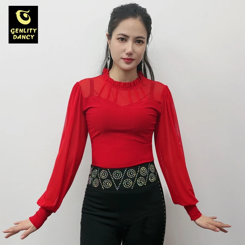 交谊舞上衣女式水兵舞形体练功服新款舞蹈衣服网纱拉丁摩登舞衣服