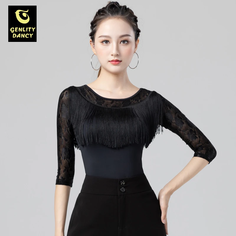 高端摩登舞服新款女时尚舞蹈练功服中袖跳舞上衣单件拉丁舞连体衣