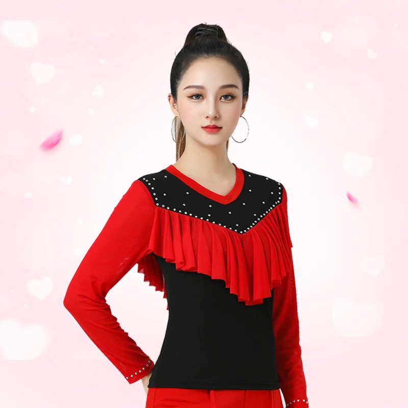 新款烫钻荷叶边舞服上衣女摩登拉丁吉特巴广场三步踩广场舞表演服