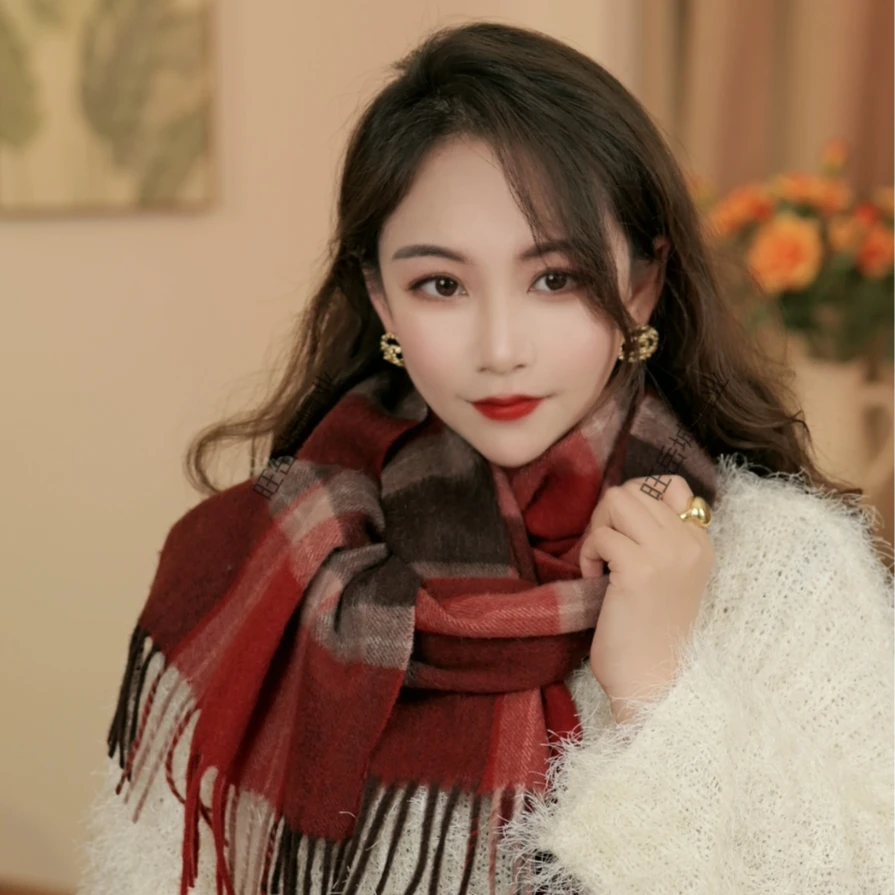 秋冬经典澳洲羊毛格子红色围巾男女情侣款长款秋冬季保暖羊绒围脖