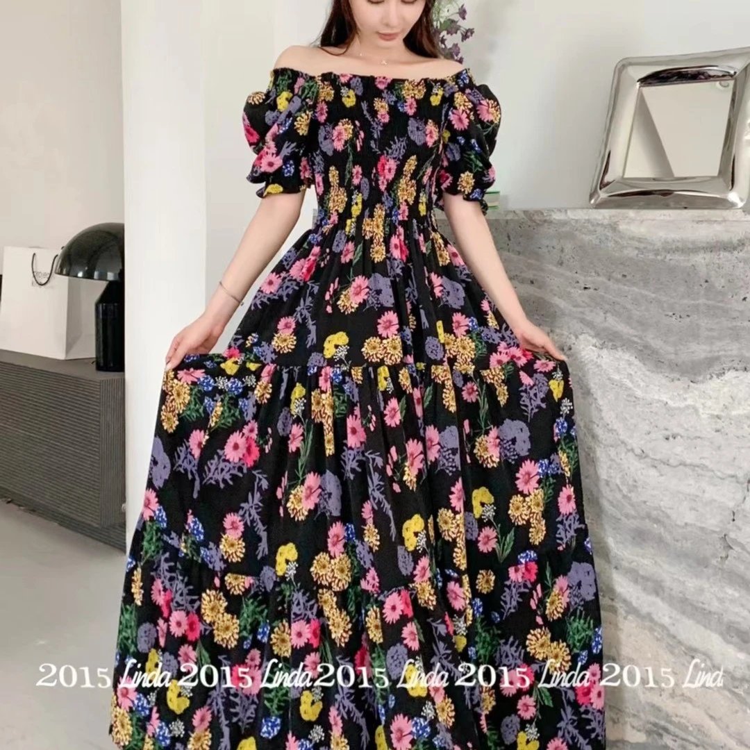 编号340韩版修身显瘦大摆裙长裙度假小碎花两穿一字肩外贸女装