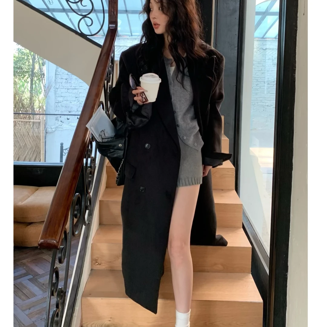正肩款加棉韩版宽松气质长款【绵羊毛大衣】外套999XHXM