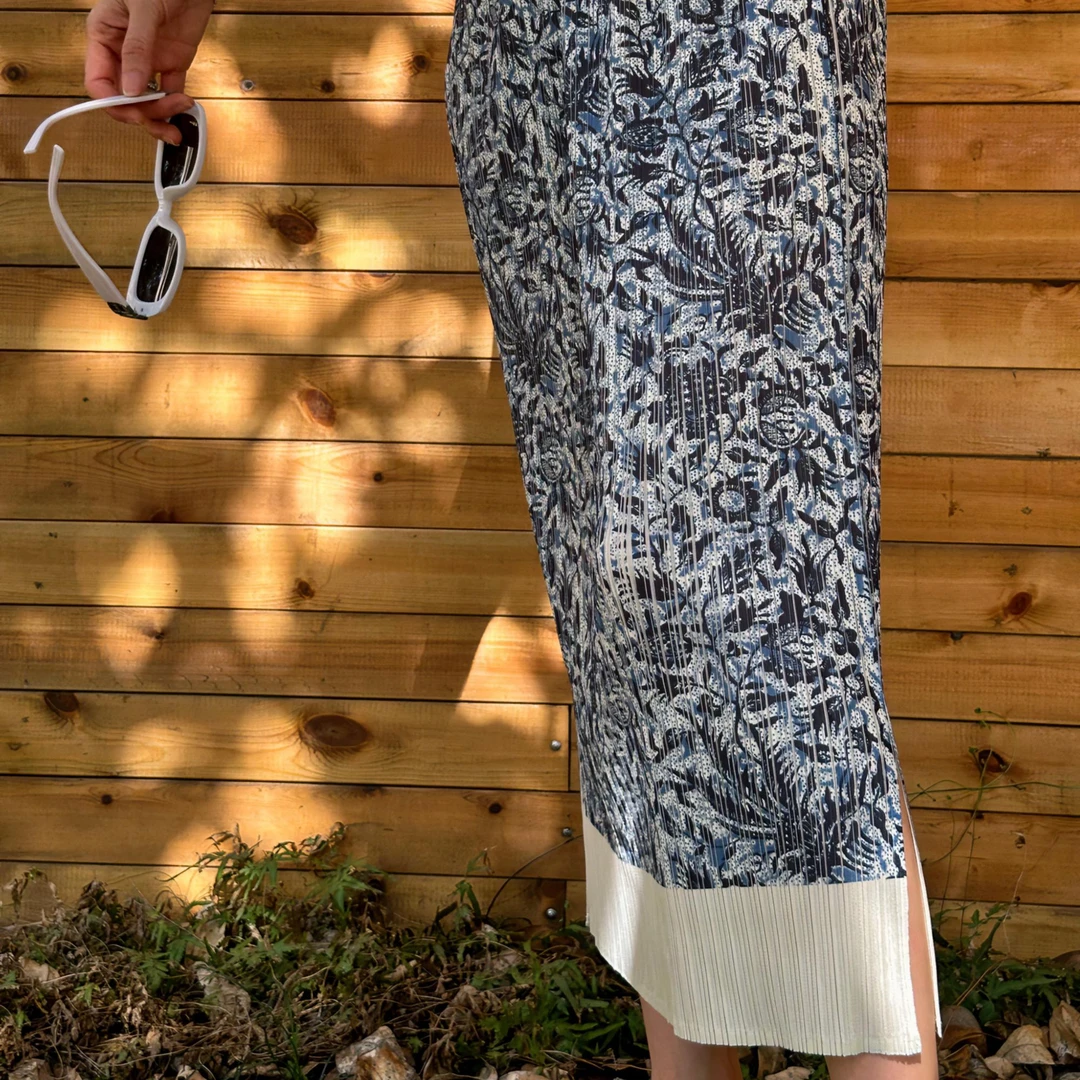 堇禾[清欢]松紧腰压绉长款半身裙女装半身裙复古印花修身夏季开叉