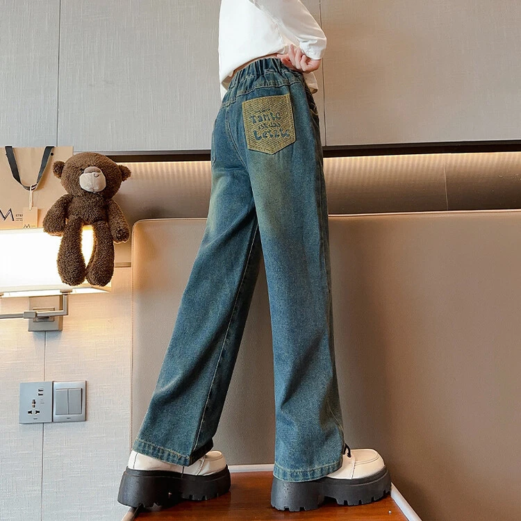 儿童牛仔裤裤子童装春秋阔腿裤女童洋气直筒休闲宽松中大童韩版