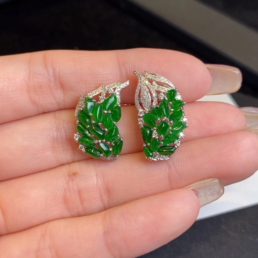 【闪购商品】翡翠耳饰18K金镶嵌随形羽毛