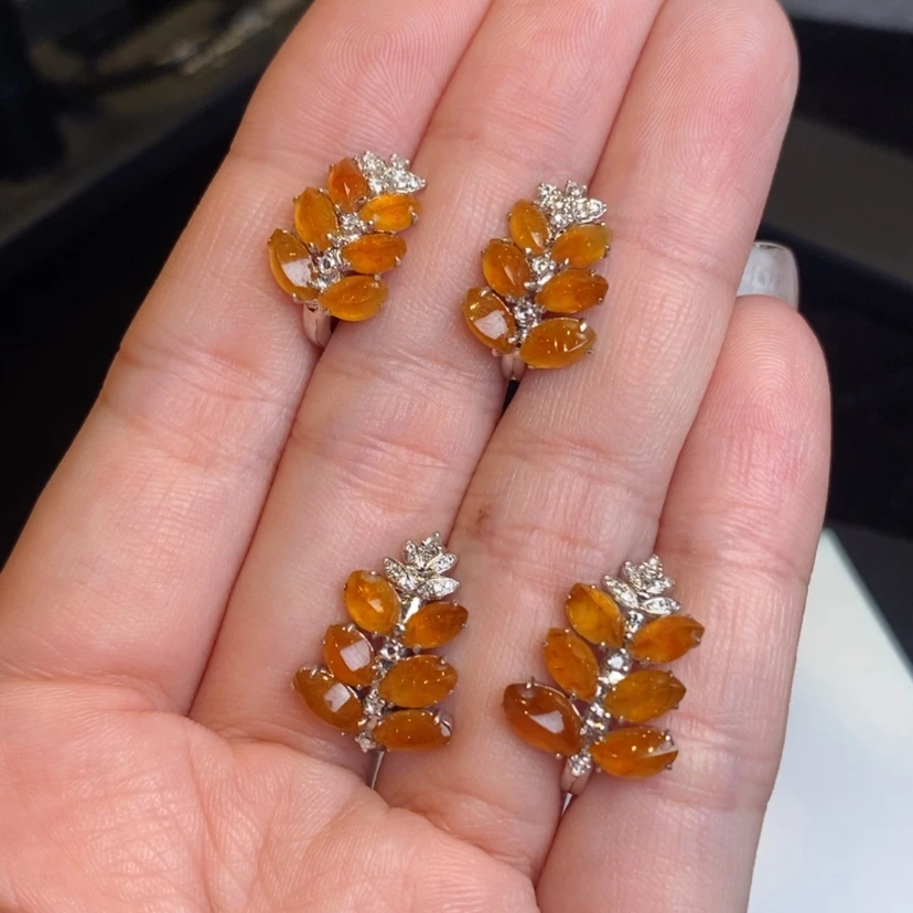 【闪购商品】翡翠耳饰18K金镶嵌冰红翡随形麦穗耳扣 多样性一对发货