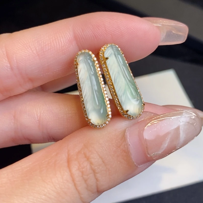 【闪购商品】翡翠耳饰18K金镶嵌羽毛