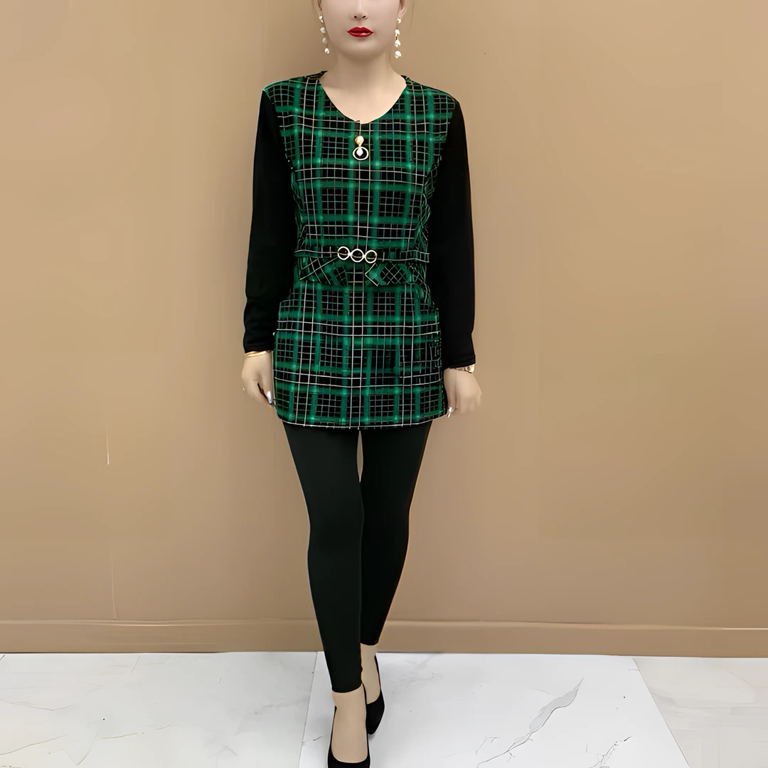 2025秋冬季新款格子打底衫高档宽松遮肉收腰减龄中长款长袖T恤衫