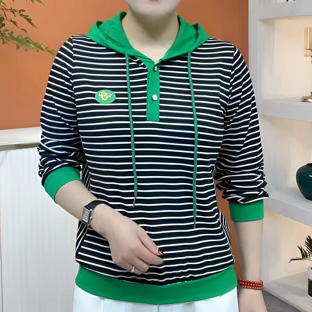 2025早秋夏新款高档条纹连帽打底衫时尚女士百搭轻奢休闲薄款卫衣
