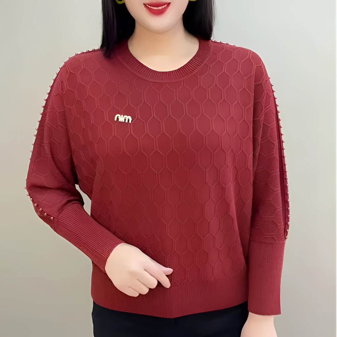 2025新款阔太太时尚妈妈保暖毛衣高档休闲拼接珍珠蝙蝠袖针织衫