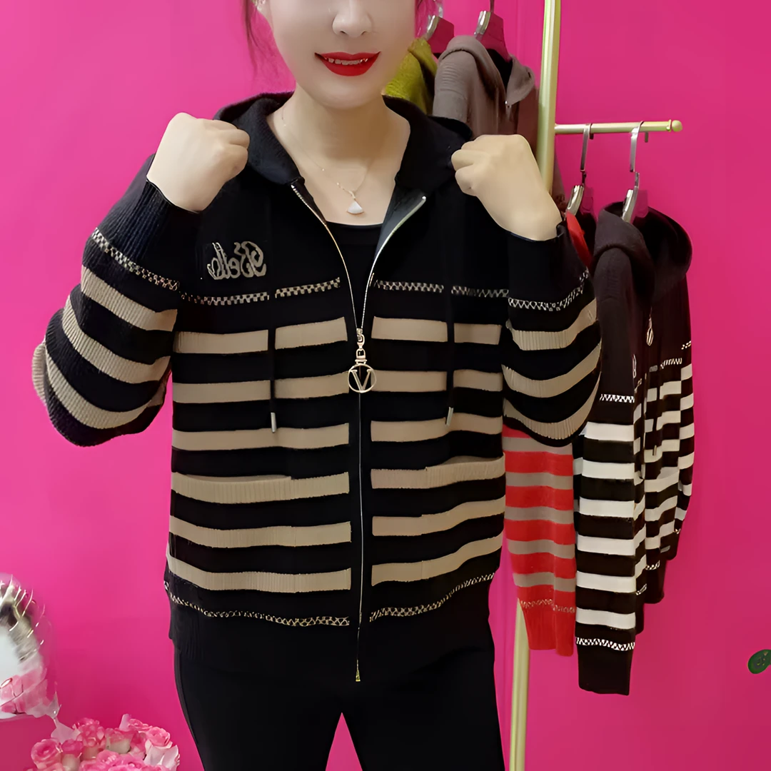 时尚女拼接拉链连帽毛衣2025秋冬季新款高档气质休闲大码条纹外套