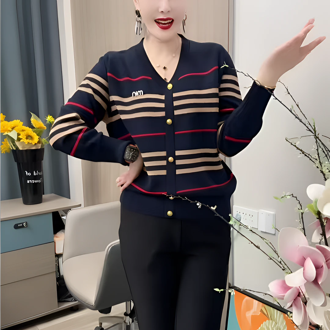 时尚拼接条纹针织上衣2025冬季新款洋气女士高档气质休闲毛衣衬衫