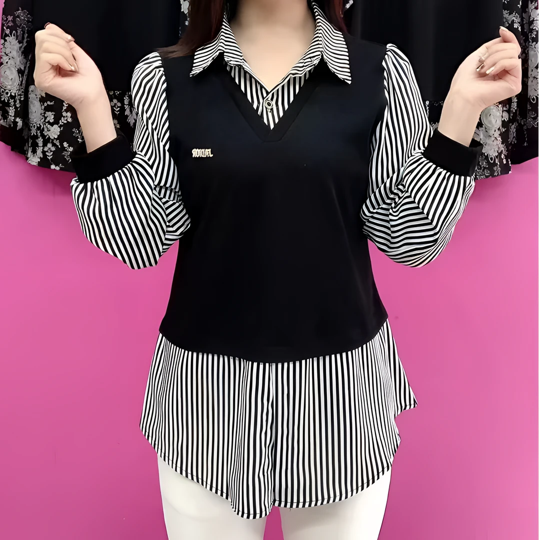 新款时尚长袖假两件宽松修身衬衣气质百搭妈妈装套头印花拼接小衫