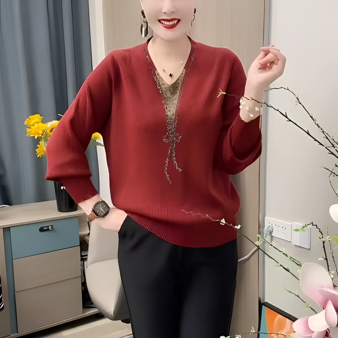 中年妈v领长袖百搭针织上衣2025春装新款高贵轻奢休闲风加厚毛衣