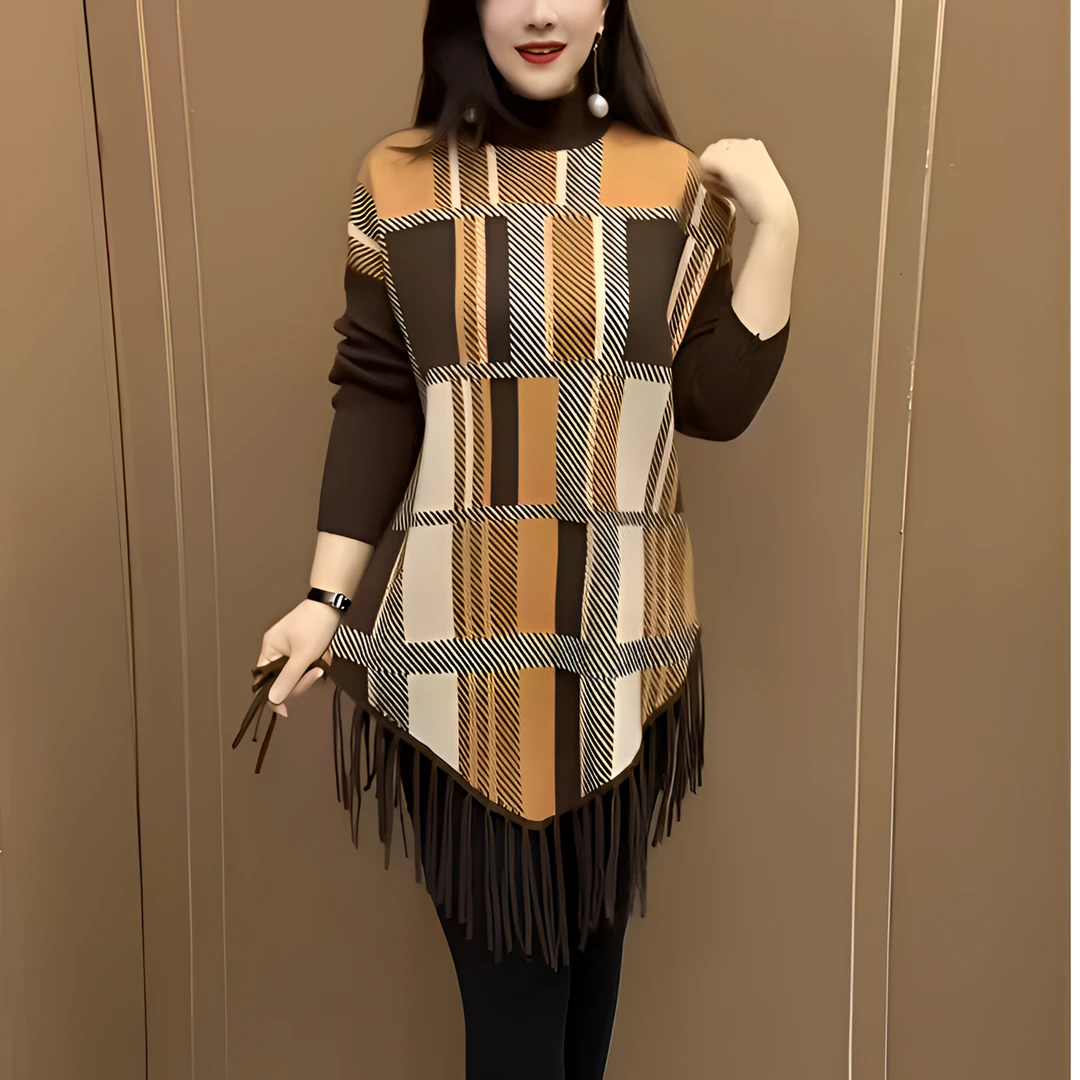 时尚妈妈拼接流苏格子中长款针织衫冬季新款高档百搭加厚保暖毛衣