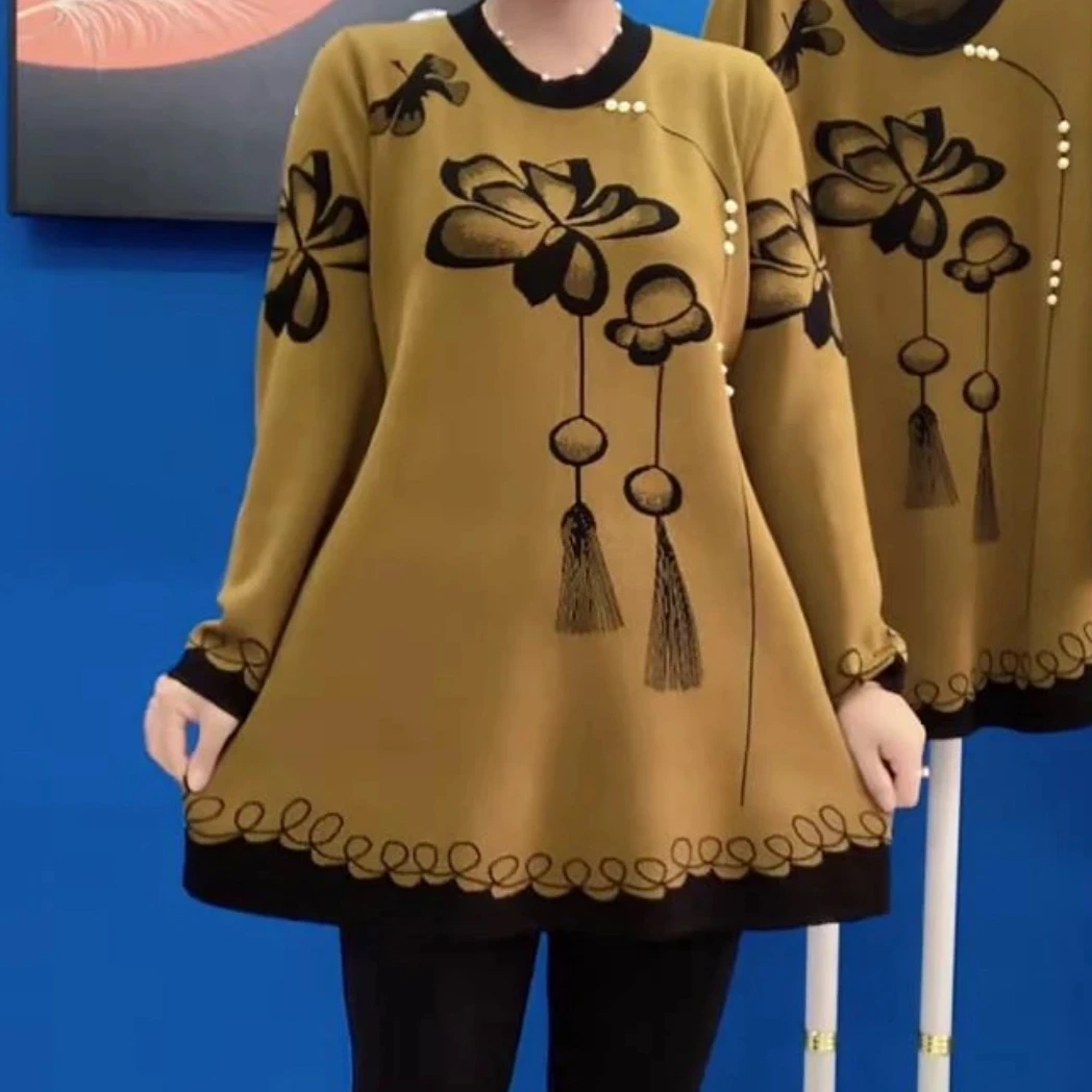 秋冬款百搭减龄针织衫复古风花色长袖保暖打底衫新款宽松显瘦毛衣