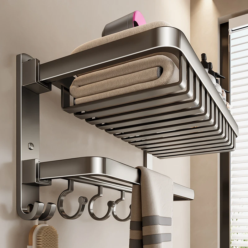 枪灰毛巾架卫生间置物架免打孔浴室架子一体挂件厕所太空铝浴巾架
