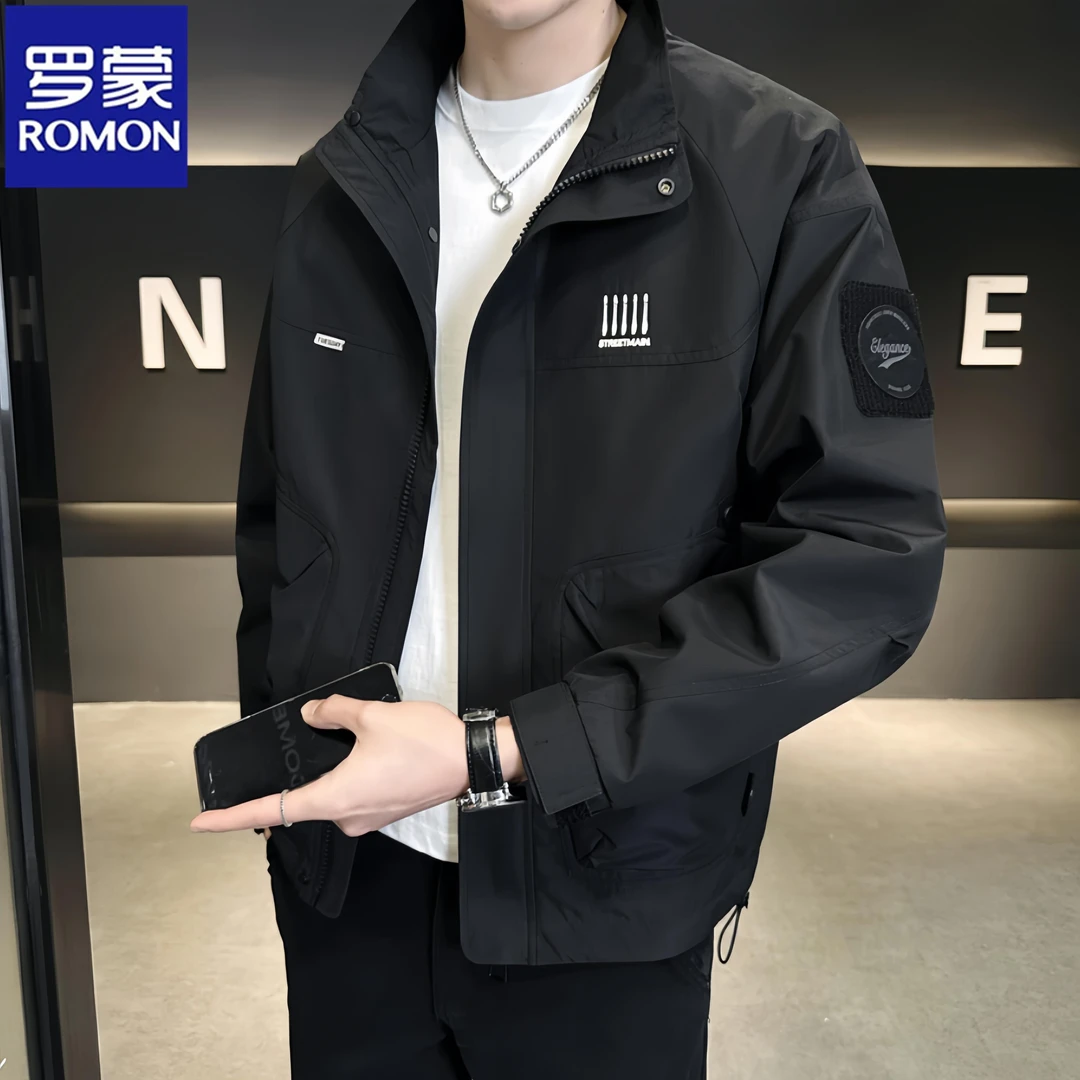 Romon/罗蒙春秋季韩版男士潮牌新款立领工装高级感外套男装上衣服