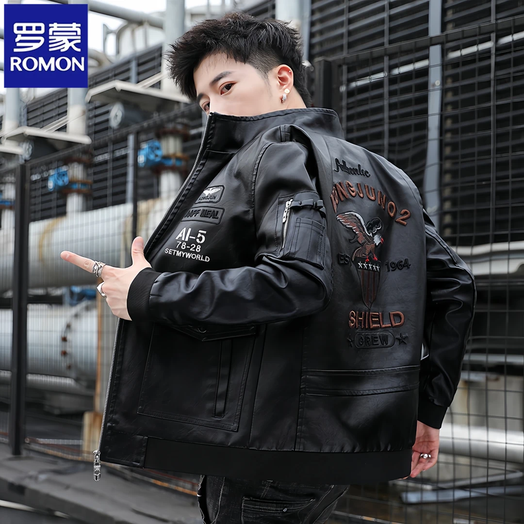Romon/罗蒙皮夹克男士外套立领百搭秋冬季美式潮牌骑士机车服痞帅
