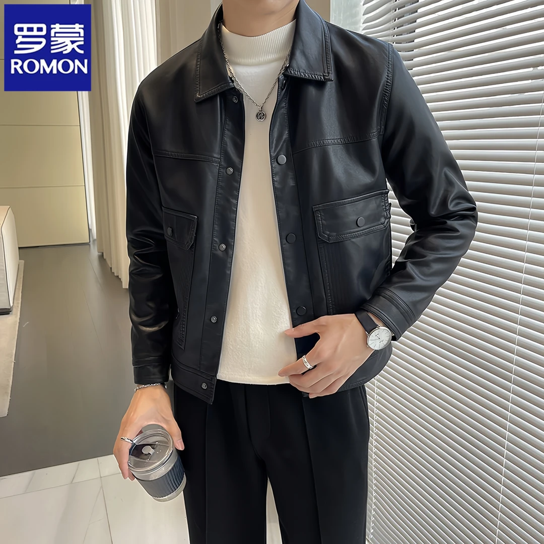 Romon/罗蒙复古软皮衣男士机车夹克男春季新款皮外套修身百搭上衣