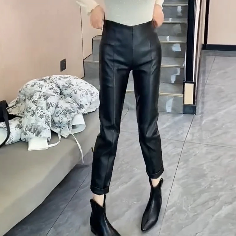 韩版时尚气质皮革弹力裤紧身秋冬百搭高腰黑色休闲铅笔裤2446女裤