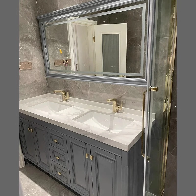 美式浴室柜组合落地卫生间实木洗漱台岩板洗手脸盆定制卫浴柜双盆