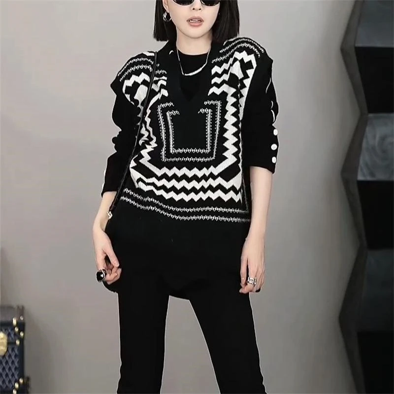 法式通勤纯色上衣花纹针织马甲套装女2025秋季新款时尚气质两件套