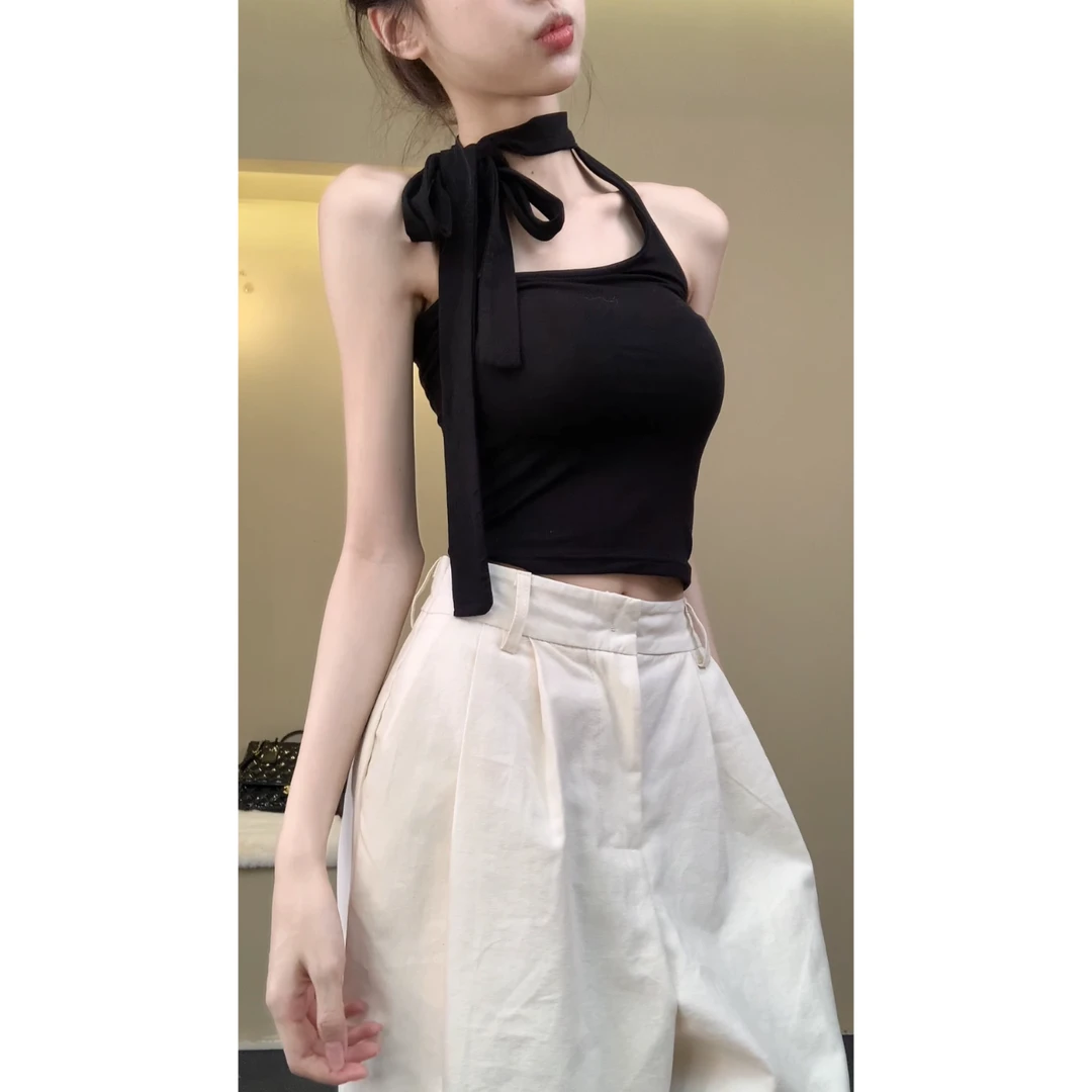 吊带背心辣妹短款挂脖设计感性感显瘦夏季外穿纯欲露肩修身