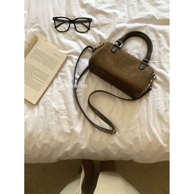 韩版秋夏新款复古绒面百搭单肩斜跨小包包枕头包波士顿手提女包潮