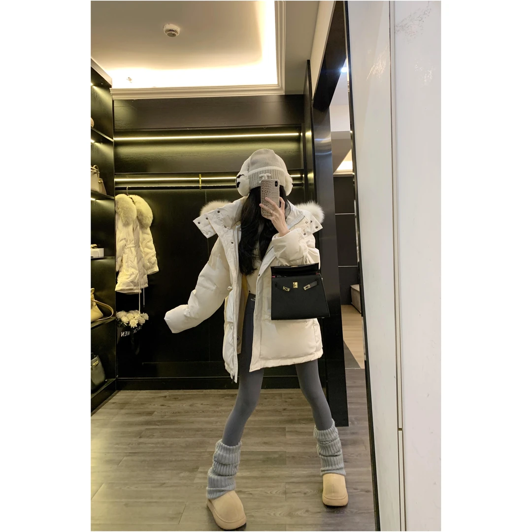 欧洲站中长款连帽轻薄面包服女冬季2024新款拼接毛毛领棉服外套潮