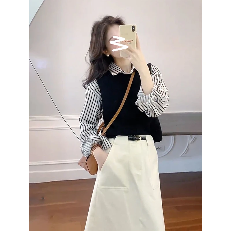 秋装今年流行时尚高级时髦洋气减龄条纹衬衫马甲半身裙三件套装女