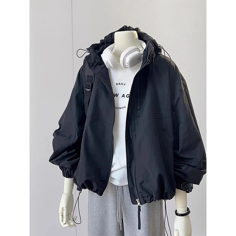絮色时髦黑色冲锋衣外套女装早秋季2024新款气质连帽长袖开衫风衣