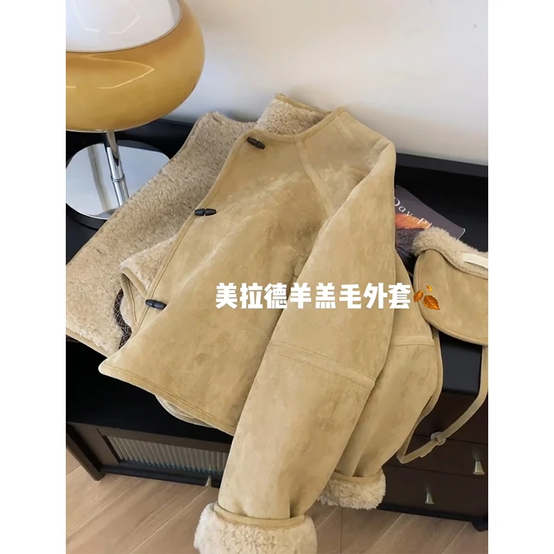 韩系时尚百搭加绒夹克短外套女2024年冬季新款皮毛一体保暖上衣潮