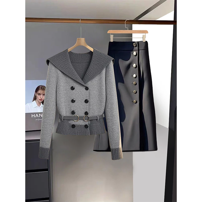 2024年秋季新款休闲时尚洋气减龄针织双排扣毛衣百搭半身裙两件套