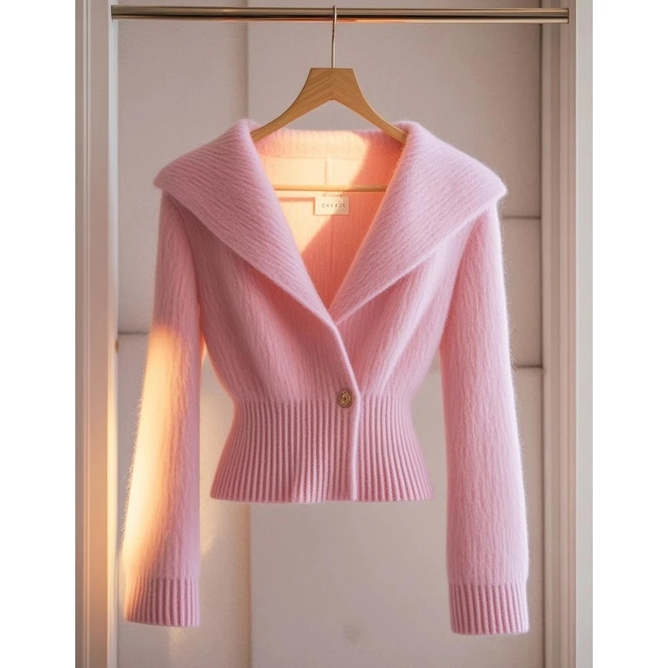 早秋新款小香风针织衫上衣设计感小众高级感气质收腰粉色毛衣外套
