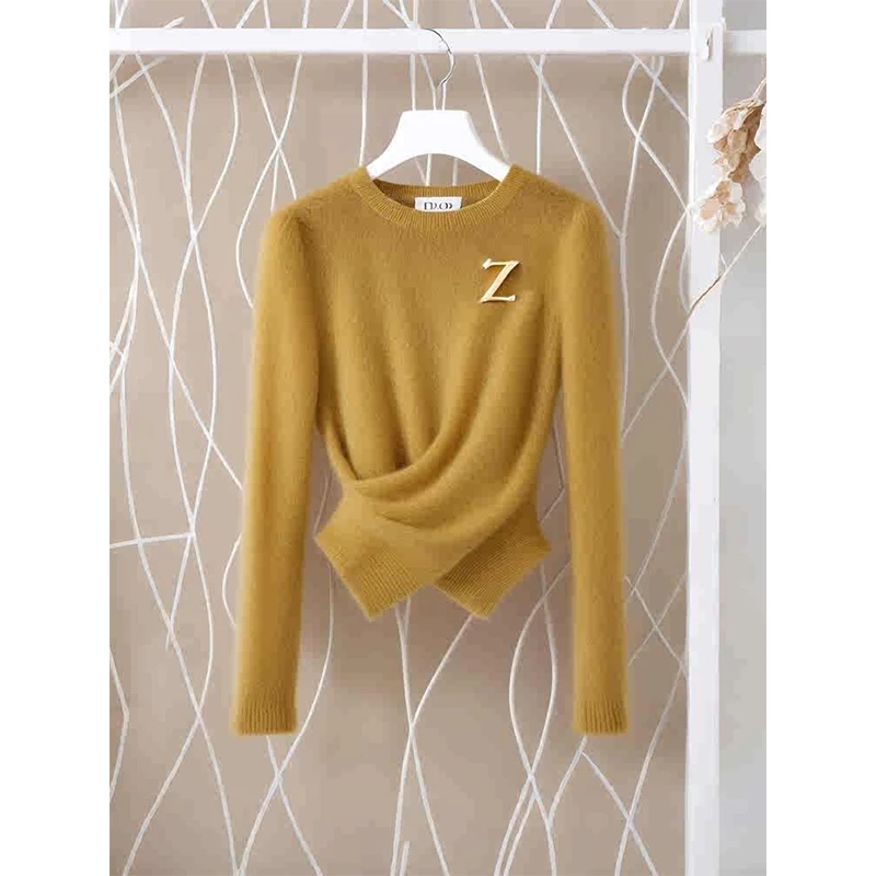 2024年冬季穿搭高级感气质名媛设计感收腰黄色针织毛衣秋冬小个子